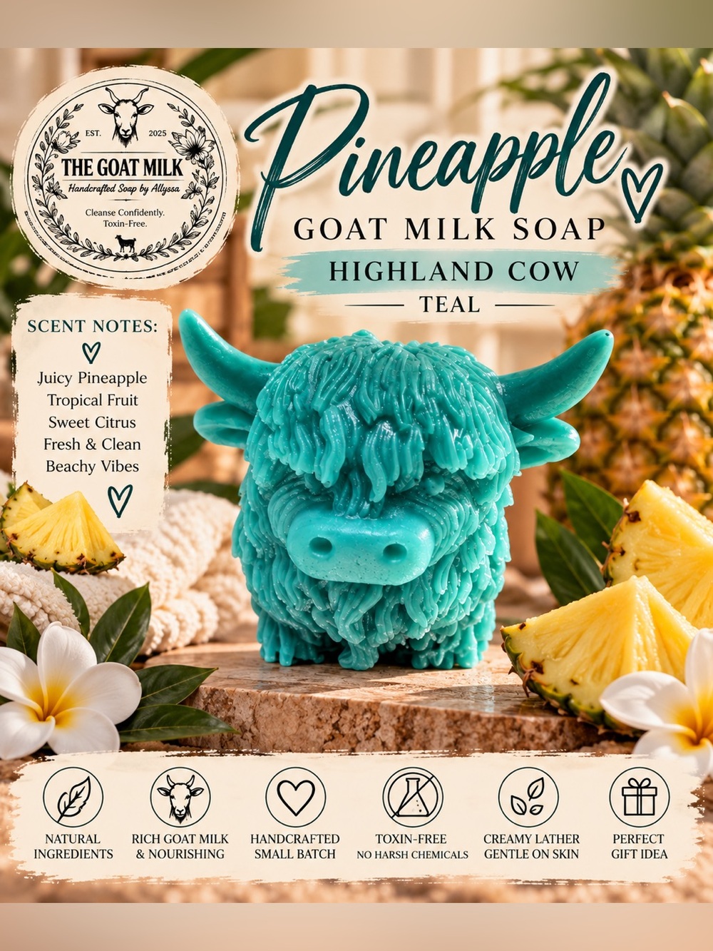 Teal Handcrafted Highland Cow Goat Milk bar - teal pineapple